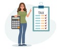 Woman with calculator and tax form. Tax payment concept. Financial tax accounting, audit or accounting services.