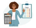 Woman with calculator and tax form. Tax payment concept. Financial tax accounting, audit or accounting services.