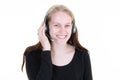 Woman in call center with headset beautiful customer support operator isolated on white Royalty Free Stock Photo