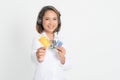 Woman call center with headset holding and credit card Royalty Free Stock Photo