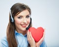 Woman call center operator hold love symbol Red he Royalty Free Stock Photo