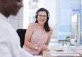 Woman, call center and portrait by pc in office desktop for consulting job with smile, vision and glasses, Crm expert