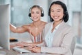 Woman, call center and portrait smile for telemarketing, customer support or agency service at office desk. Happy female