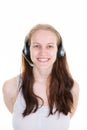 Woman call center smiling cheerful technical support operator with headset isolated on white Royalty Free Stock Photo