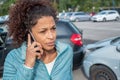 Woman call roadside service after fender bender car crash Royalty Free Stock Photo