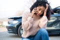 Woman call roadside service after fender bender car crash Royalty Free Stock Photo