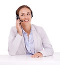 Woman, callcenter and headset with mic for phone call with communication, contact us and CRM on white background Royalty Free Stock Photo