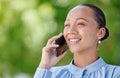 Woman calling, smiling and talking on a phone call while standing outside against green copy space. Happy, positive and Royalty Free Stock Photo