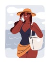 Woman calling, speaking on mobile phone on summer vacation. Happy black girl talking on smartphone, relaxing on beach Royalty Free Stock Photo