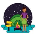 woman in the camping tent campfire night Royalty Free Stock Photo