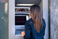 Woman can`t withdraw cash money from credit card at bank machine. ATM is out of service, broken bank machine Royalty Free Stock Photo