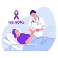 Woman with cancer in bed at the hospital. The oncologist is standing next to her and holding her hand. Awareness