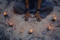 Woman with candle deep in forest. Witch craft Royalty Free Stock Photo