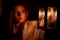 Woman candle lamp dark night Royalty Free Stock Photo
