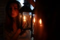 Woman candle lamp dark night Royalty Free Stock Photo