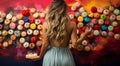 woman with candy, pretty young woman eating sweet candy on abstract colored background, sweet background