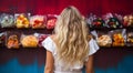 woman with candy, pretty young woman eating sweet candy on abstract colored background, sweet background