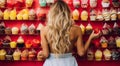 woman with candy, pretty young woman eating sweet candy on abstract colored background, sweet background