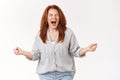 Woman cannot stand pressure release stress shouting fed up. Distressed annoyed redhead middle-aged mother clench fists
