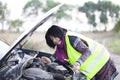 Woman car broke down on the empty road Royalty Free Stock Photo