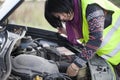 Woman car broke down on the empty road Royalty Free Stock Photo