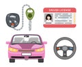 Woman car driver license isolated icons set female identification photo keys weel flat design vector illustration