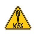 Woman car driver sticker Female in automobile warning sig. Lady looking-glass mirror in yellow triangle to vehicle glass