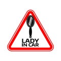 Woman car driver sticker Female in automobile warning sign. Lady looking-glass mirror in red triangle to a vehicle glass