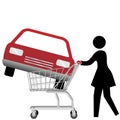 Woman car shopper buying auto inside shopping cart
