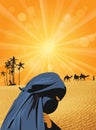 Arabian woman and camel caravan on sahara desert, vector illustration Royalty Free Stock Photo