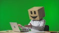 Woman in cardboard box with smiling emoji on her head on green background of studio. Employee checks data in documents Royalty Free Stock Photo