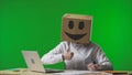 Woman in cardboard box with smiling emoji on her head on green background of studio. Employee gives a thumbs up. Royalty Free Stock Photo