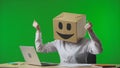 Woman in cardboard box with smiling emoji on her head on green background of studio. Employee happily typing on laptop Royalty Free Stock Photo