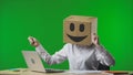 Woman in cardboard box with smiling emoji on her head on green background of studio. Employee happily typing on laptop Royalty Free Stock Photo