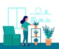 Woman care from plant in flower pot, hobby home garden. Green zone in house, plant and flower. Vector illustration Royalty Free Stock Photo
