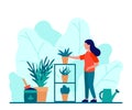 Woman care from plant in flower pot, hobby home garden. Green zone in house, plant and flower. Vector illustration Royalty Free Stock Photo