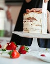 Woman Carefully Icing The Cake