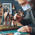 A woman carefully inspecting a hand painted art toy, photoreal