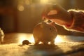 A woman carefully places a coin into a piggy bank, reflecting thoughtful financial habits and saving