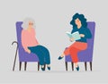 Woman caregiver or social assistance is reading a book for the elderly. Mental health disorders concept