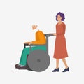 Woman carer walking with a wheelchair with an elderly man in the park in a big city. Help and care for pensioners and sick people