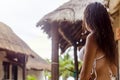 Woman in a Caribbean hotel that is an ideal place to rest and enjoy relaxation, sun, beach, sea and above all mental health. Royalty Free Stock Photo