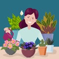 A woman is caring for indoor plants: watering the plants in a pot from a watering can. Hobby gardening. Vector