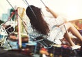 Woman Carnival Ride Riding Happiness Fun Concept