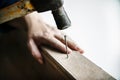 Woman carpenter using hammer pushing nail on a wood Royalty Free Stock Photo