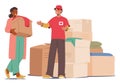 Woman Carries Box, Brimming With Gently Used Clothes, Destined For Donation To Those In Need, Vector Illustration