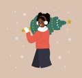 Woman carries Christmas tree. African smiling girl preparing for winter holidays. People buying Christmas fir on the