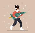 Woman carries Christmas tree. African smiling girl preparing for winter holidays. People buying Christmas fir on the
