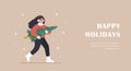 Woman carries Christmas tree. Happy holidays background. Landing page template. People buying Christmas fir on fair. New