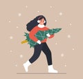 Woman carries Christmas tree. Smiling girl preparing for winter holidays. People buying Christmas fir on the fair. New